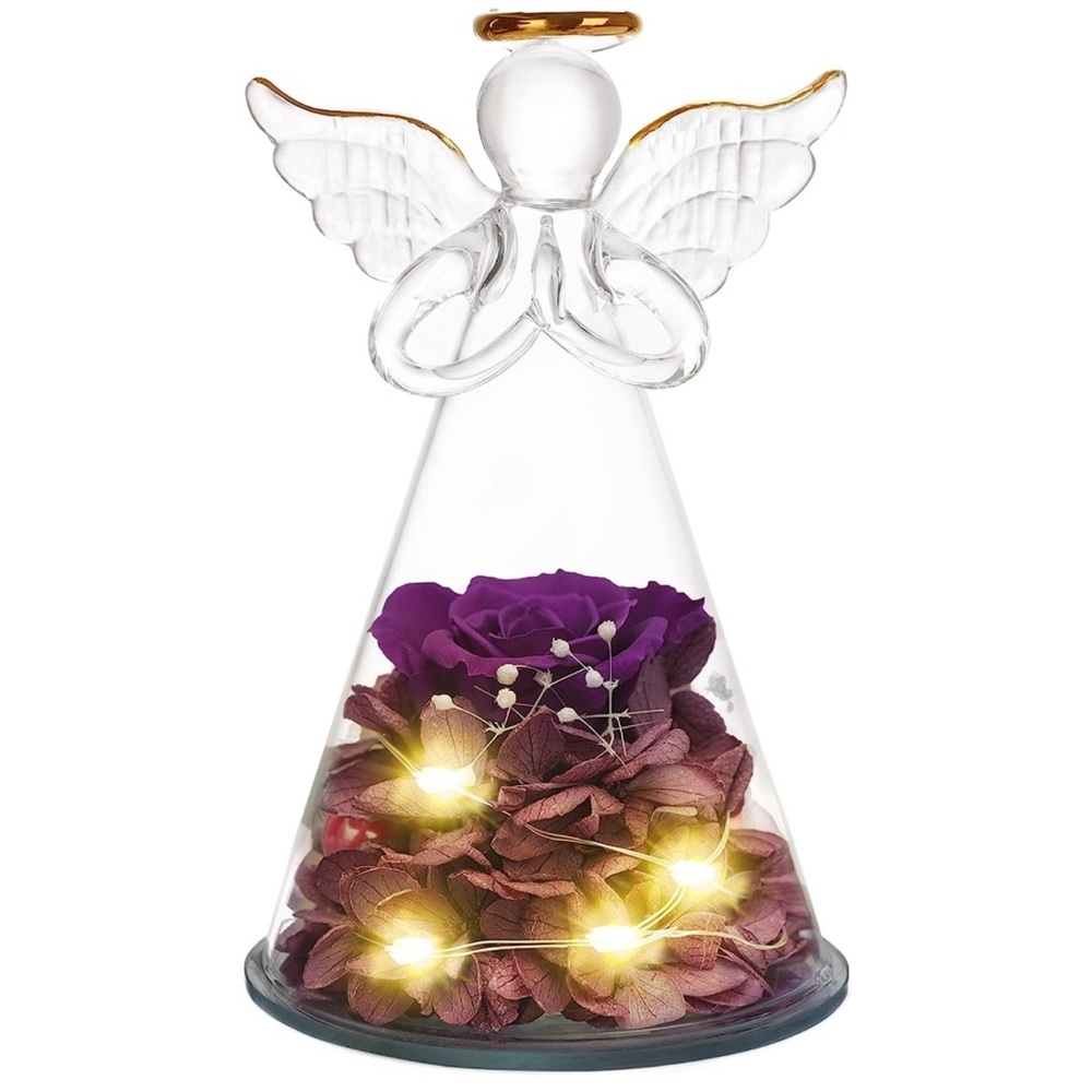 Sacredyna Eternal Angel Figurine with Real Purple Rose Gifts with Led Light
